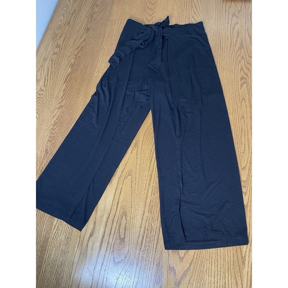 White House Black Market Slub Knit Wrap Wide Leg Cropped Black Pants Small - Picture 2 of 14
